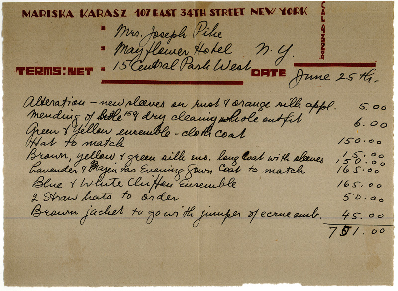 Receipt from Mariska to Mrs. Joseph Pike, ca. 1929